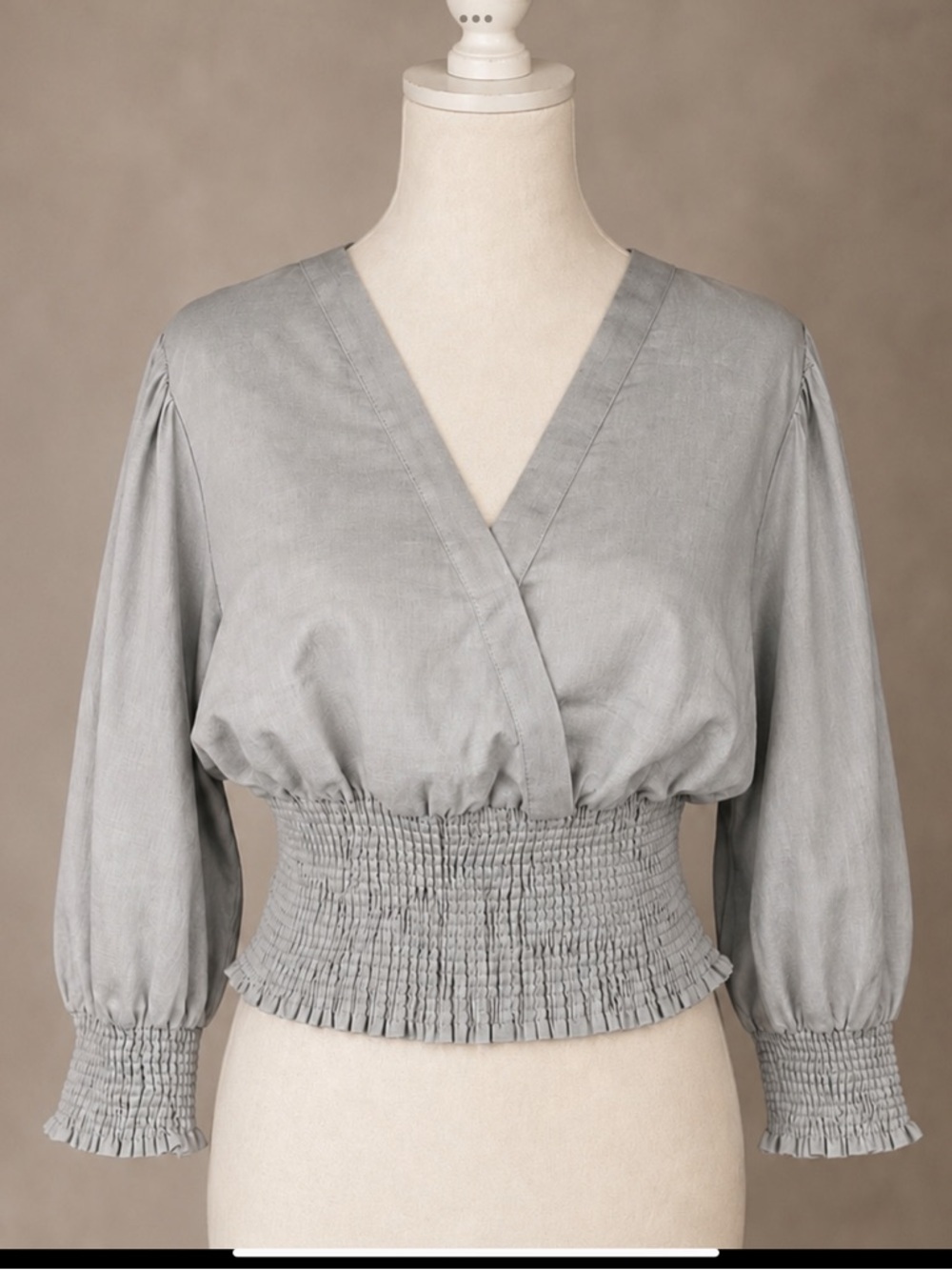 SAYA Gray Linen Blend Wrap Blouse Smocked Waist Puff Sleeve Top S